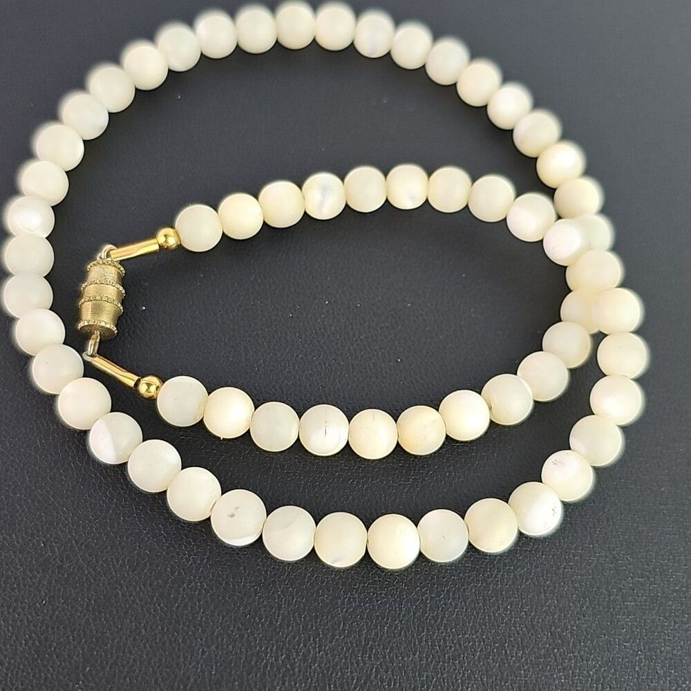 Vintage White Glass Necklace Opaque Bead 15 inch Gold Tone Barrel 1950s